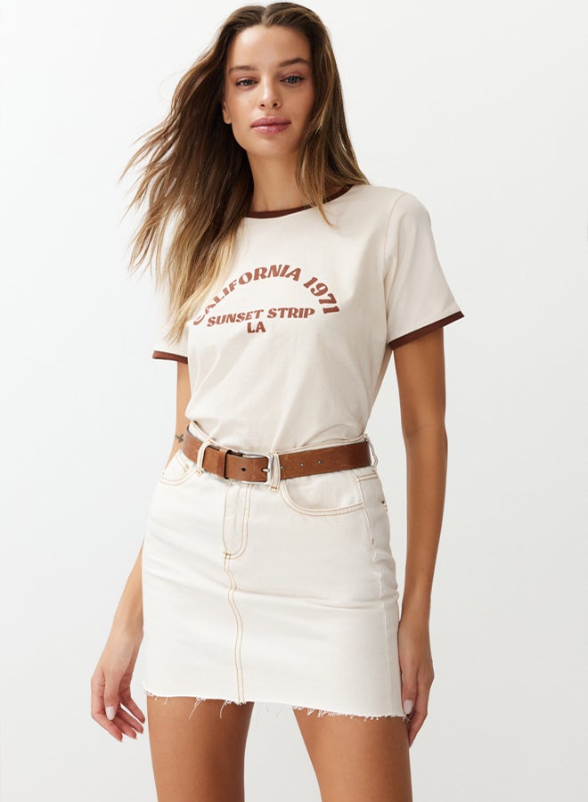 trendyol Stone 100% Cotton Slogan Printed Contrast Piping Detailed Knitted T-Shirt - Image 4