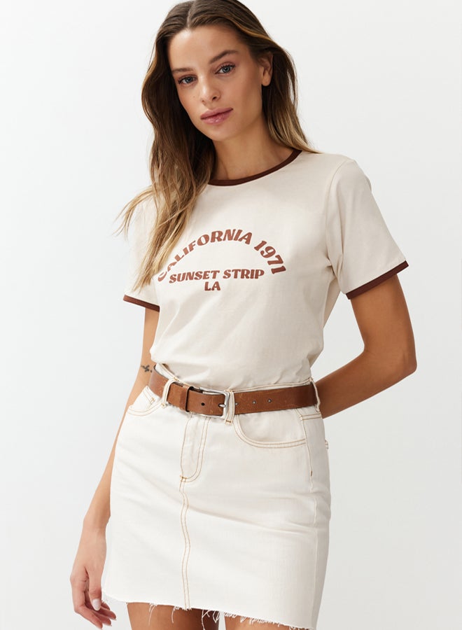 trendyol Stone 100% Cotton Slogan Printed Contrast Piping Detailed Knitted T-Shirt - Image 1