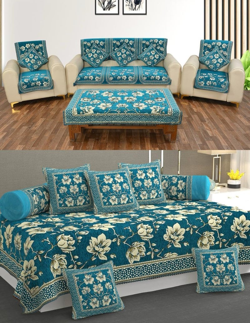 Laying Style™ Diwan Set of 8 Pieces Combo with Sofa Covers for Living Room 5 Seater and Center Table Cover (Design-6) - Image 1