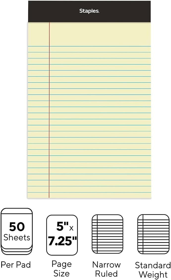 Staples TRU RED Notepads, 5 x 8 Inch, Narrow Ruled Legal Pads, Writing Pad for Home, Office, School, 12-Pack, Canary - Image 3