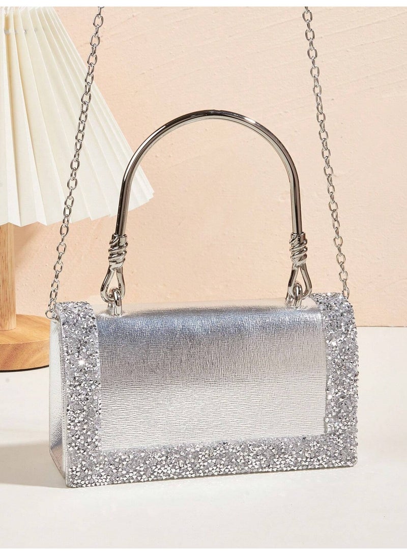 Elegant Women's Silver Evening Bag Adorned with Sparkling Crystals and Metallic Handle - Image 5