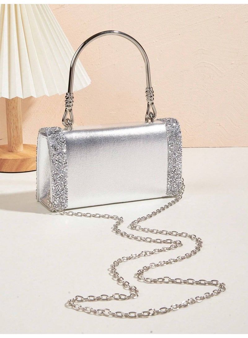 Elegant Women's Silver Evening Bag Adorned with Sparkling Crystals and Metallic Handle - Image 4