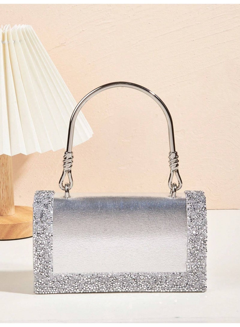 Elegant Women's Silver Evening Bag Adorned with Sparkling Crystals and Metallic Handle - Image 2