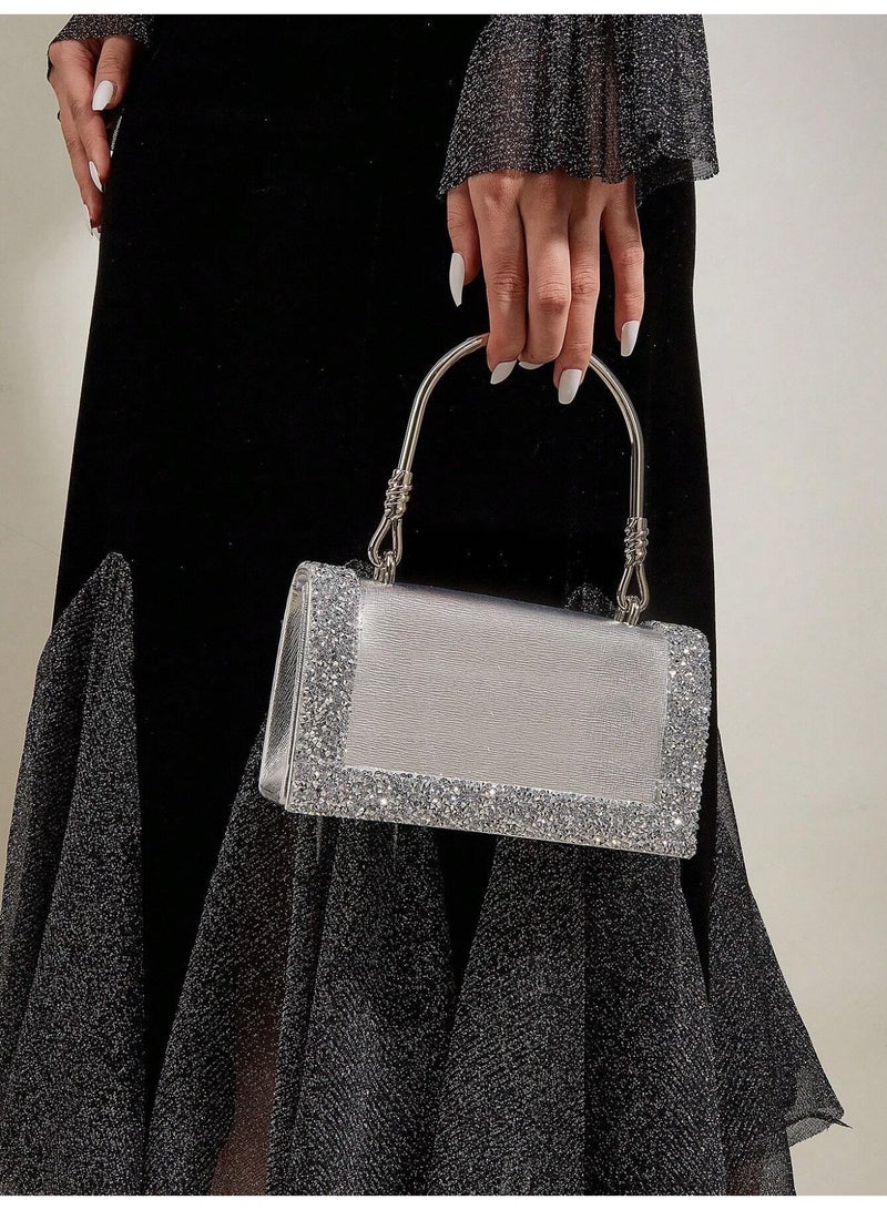 Elegant Women's Silver Evening Bag Adorned with Sparkling Crystals and Metallic Handle - Image 1