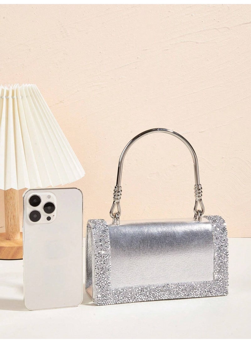 Elegant Women's Silver Evening Bag Adorned with Sparkling Crystals and Metallic Handle - Image 3