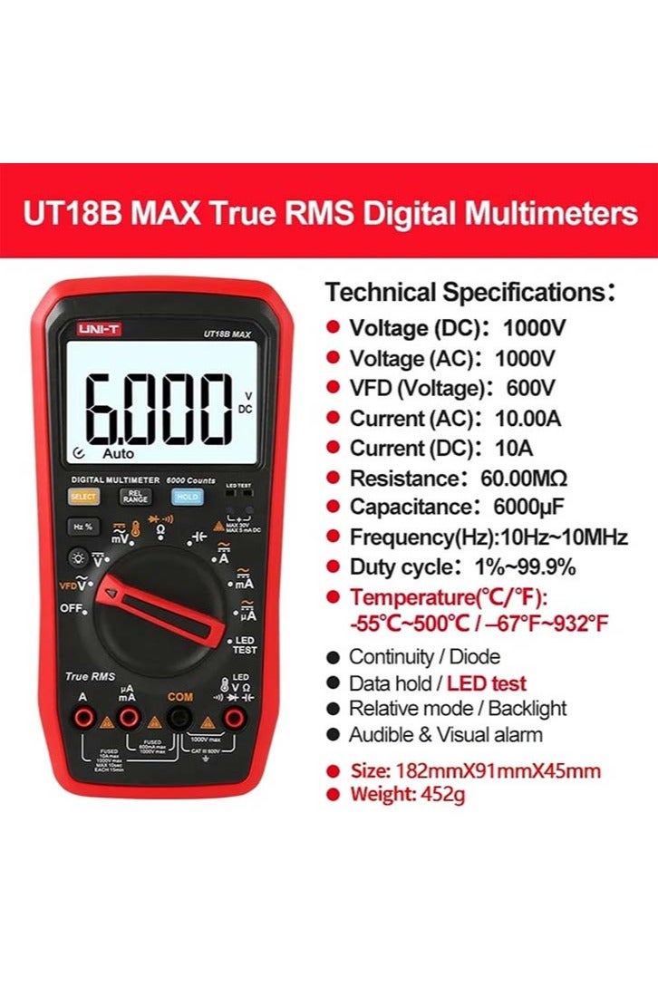 UniT UNI-T UT18B Max Digital Multimeter VFD AC DC Ammeter Voltmeter Resistance Capacitance Frequency Electric Multi Meter (UT18B MAX) - Image 2