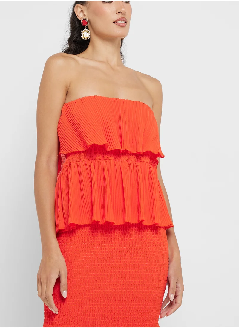 Ginger Bandeau Shirred Ruffle Detail Maxi Dress