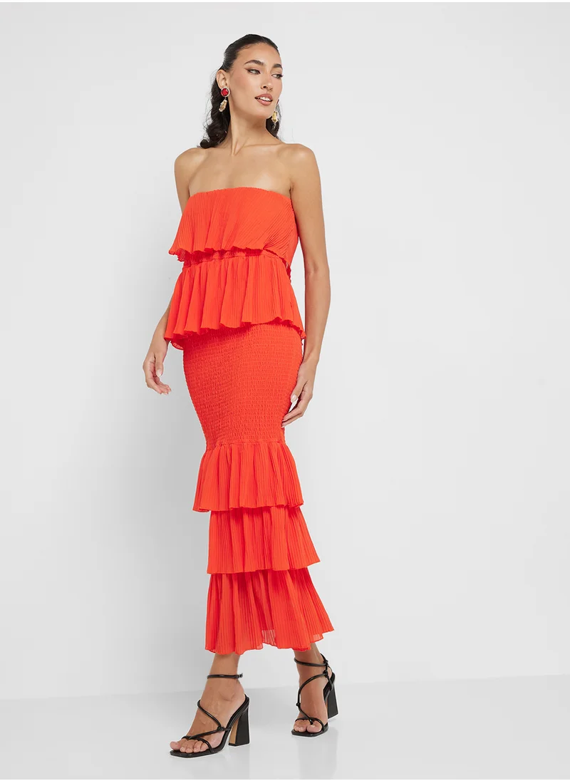 Ginger Bandeau Shirred Ruffle Detail Maxi Dress