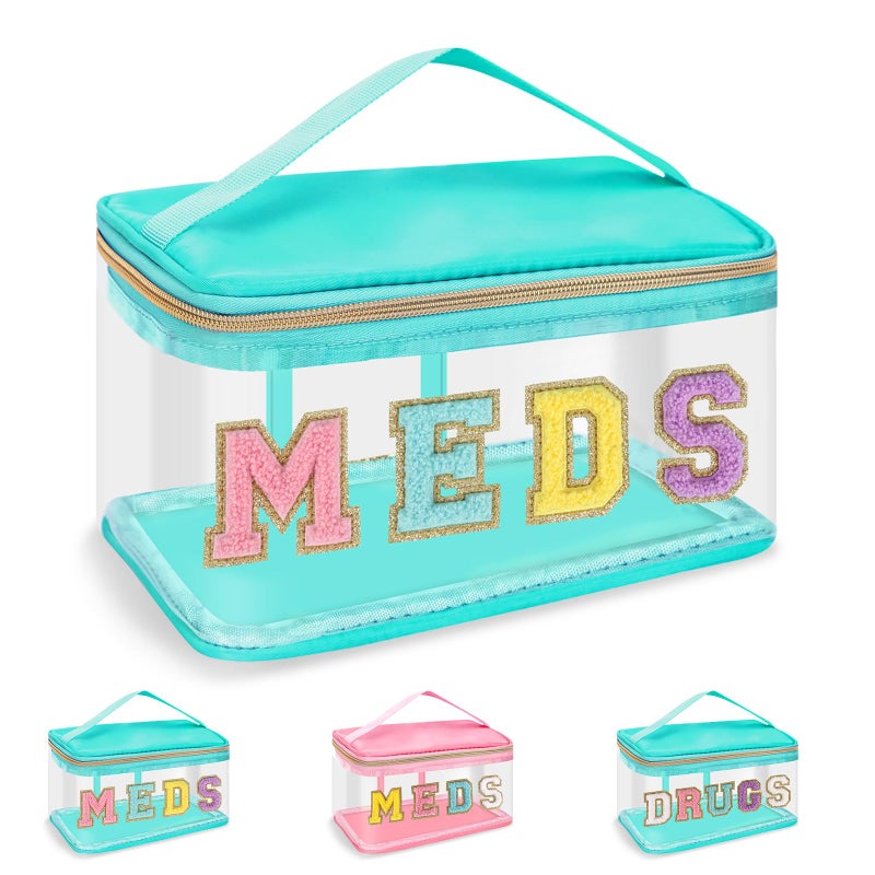 Iqimott Clear Patch Letter Bag Medicine Drugs Pouch with Handle Travel Chenille Letter Makeup Cosmetic Bag for Women Girls Waterproof Nylon PVC Zipper Toiletry Meds Storage Case Stadium BagGreen MEDS - Image 2