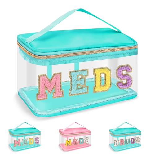 Iqimott Clear Patch Letter Bag Medicine Drugs Pouch with Handle Travel Chenille Letter Makeup Cosmetic Bag for Women Girls Waterproof Nylon PVC Zipper Toiletry Meds Storage Case Stadium BagGreen MEDS - Image 1