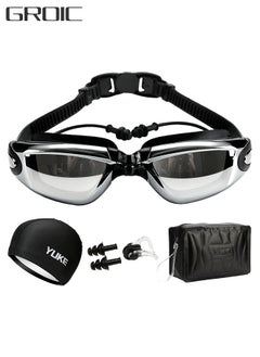 GROIC 5 Pieces Adjustable Swimming Goggles Sets Anti-Leak, Anti-Fog,with Swimming Cap,Nose Clip Ear Plugs,Waterproof Bag Case , Suitable for Adult Men ,Women ,Teenagers,Beginners, Professionals  - Image 1