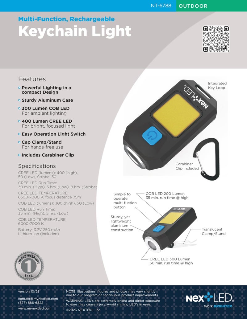 NextLED NT-6788 USB C Rechargeable Flashlight, Mini Keychain Hat Light, 400 LM, Spot/Flood Light 2 in 1, 5 Modes, Aluminum Body, Pocket Flashlight, EDC Key Chain Light, LED Hard Hat Lights Clip on - Image 2
