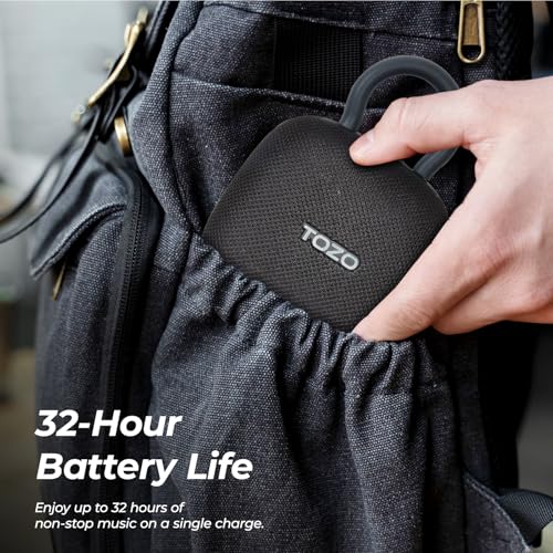 TOZO PE1 Portable Bluetooth Speakers with Adjustable Carabiner, Mini Bluetooth Wireless Shower Speaker with IPX8 Waterproof, 32H Playtime Punchy Bass Audio Speaker for Home, Outdoor and Travel, Black - Image 4