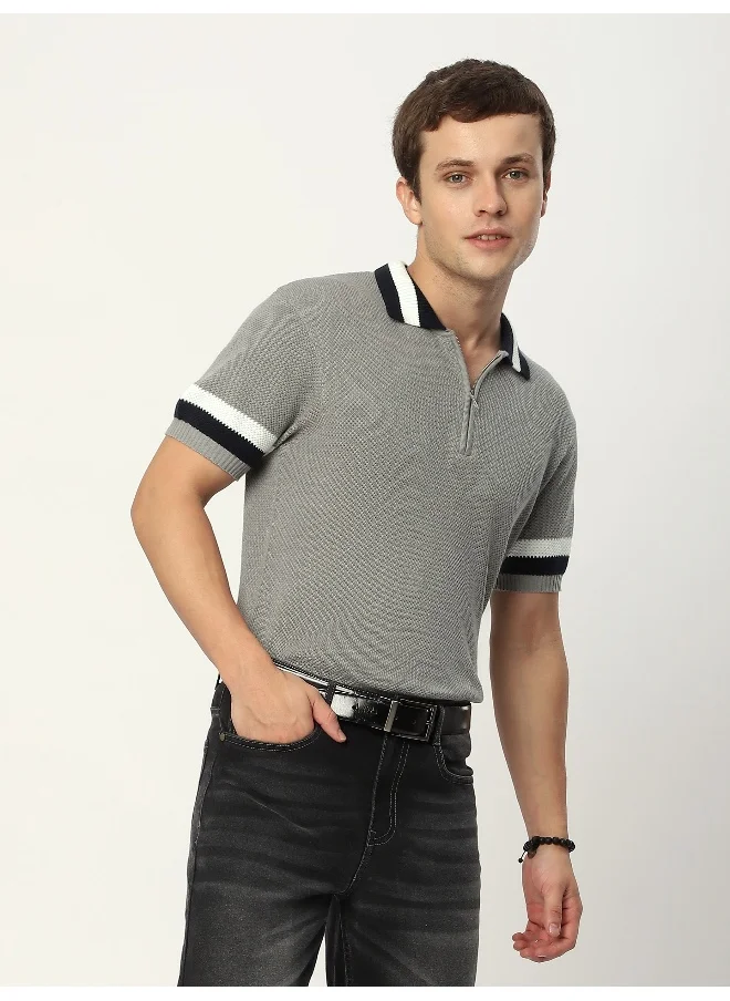 بيونغ Light Grey Contrast Striped Collar Flat Knit Polo T-Shirt for Men