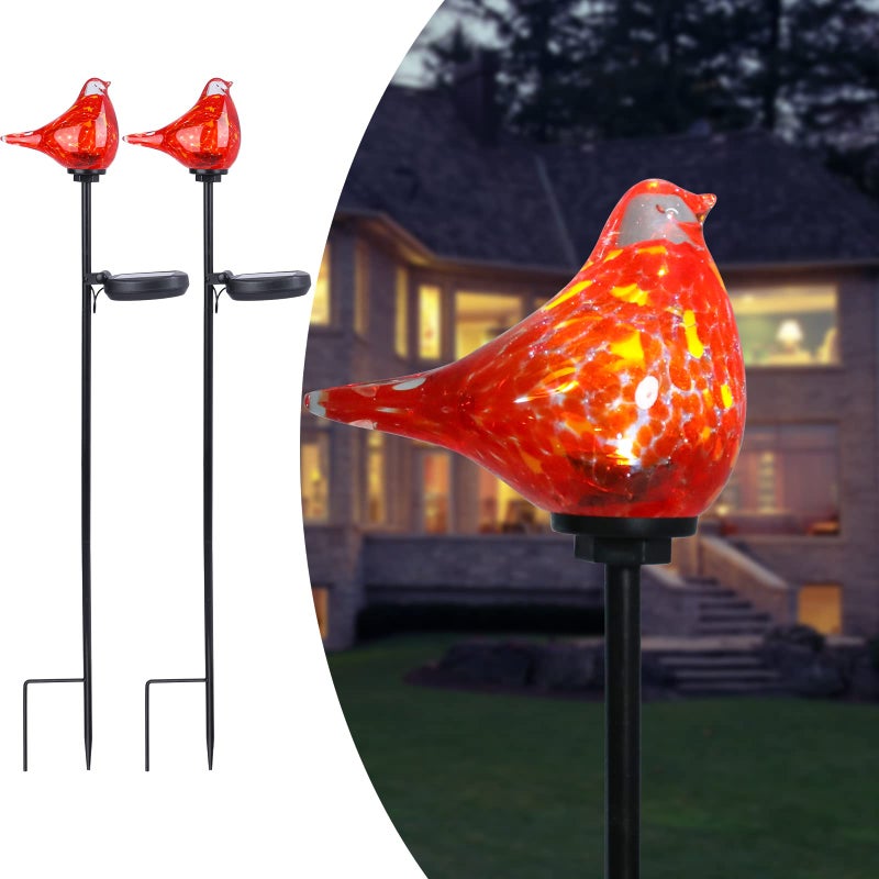 Afirst Solar Outdoor Lights  Decorative Solar Stake Lights Cardinal Handblown Glass Garden Stakes Waterproof for Pathway Decoration 2 Pack