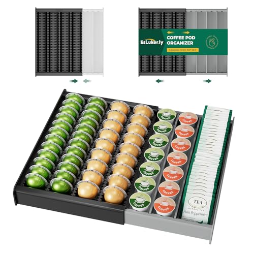 EsLuker.ly K Cup Coffee Pod Holder Organizer, Plastic Coffee Tea Drawer Insert for Counter, Expandable Storage Tray Compatible with Nespresso Vertuo Capsules, Customizable for Various Pod Sizes - Image 1