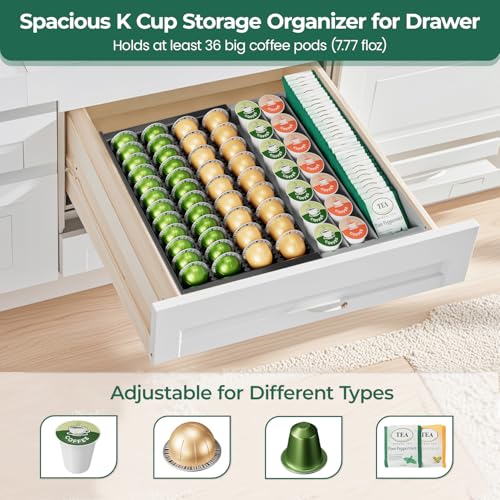 EsLuker.ly K Cup Coffee Pod Holder Organizer, Plastic Coffee Tea Drawer Insert for Counter, Expandable Storage Tray Compatible with Nespresso Vertuo Capsules, Customizable for Various Pod Sizes - Image 5