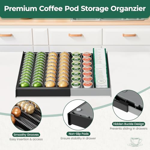 EsLuker.ly K Cup Coffee Pod Holder Organizer, Plastic Coffee Tea Drawer Insert for Counter, Expandable Storage Tray Compatible with Nespresso Vertuo Capsules, Customizable for Various Pod Sizes - Image 4