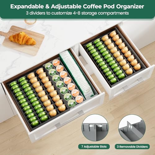 EsLuker.ly K Cup Coffee Pod Holder Organizer, Plastic Coffee Tea Drawer Insert for Counter, Expandable Storage Tray Compatible with Nespresso Vertuo Capsules, Customizable for Various Pod Sizes - Image 3