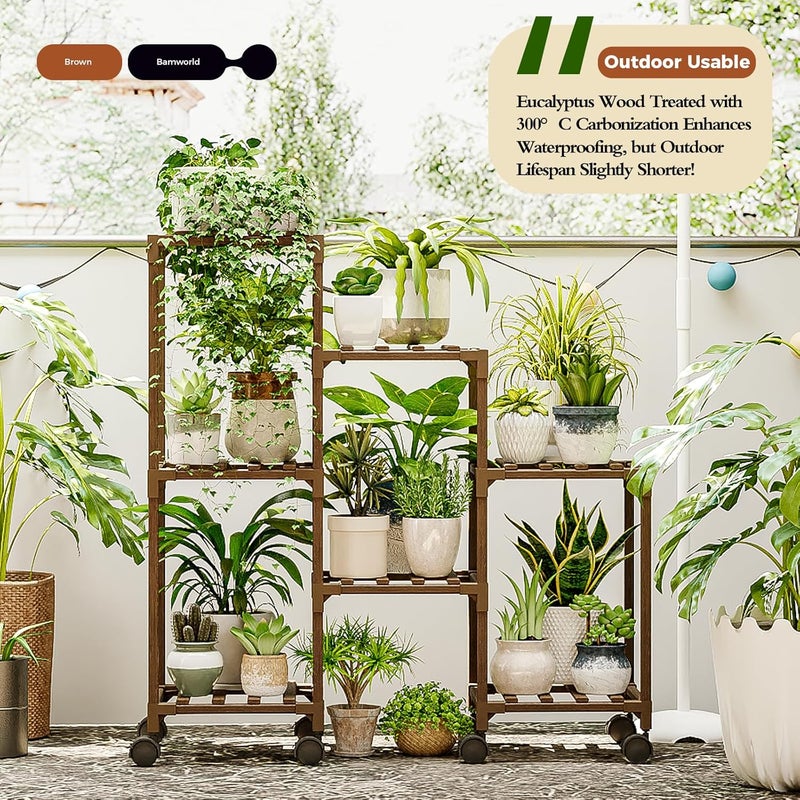 Bamworld Plant Stand with Wheels for Indoor Plants Wood Outdoor Tiered Shelf 3 Tire 7 Potted Ladder Plant Holder Table Pot Stand for Window Garden Balcony Patio Living Room (natureDL) - Image 4