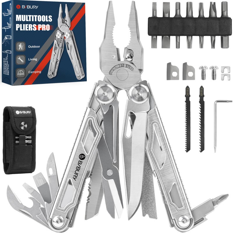 BIBURY BIBURY Multitool Pliers, Stainless Steel Multi Tool Pliers with Replaceable Wire Cutters and Saw, Foldable Multitools with Scissors and Screwdriver, Ideal for Camping, Hiking, Survival, Repair  - Image 1