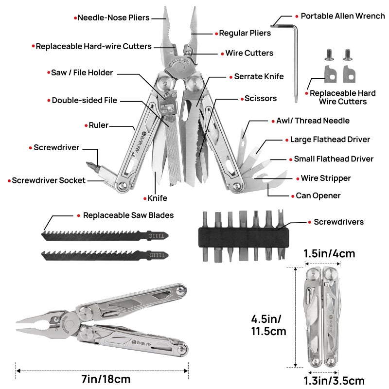 BIBURY BIBURY Multitool Pliers, Stainless Steel Multi Tool Pliers with Replaceable Wire Cutters and Saw, Foldable Multitools with Scissors and Screwdriver, Ideal for Camping, Hiking, Survival, Repair  - Image 2