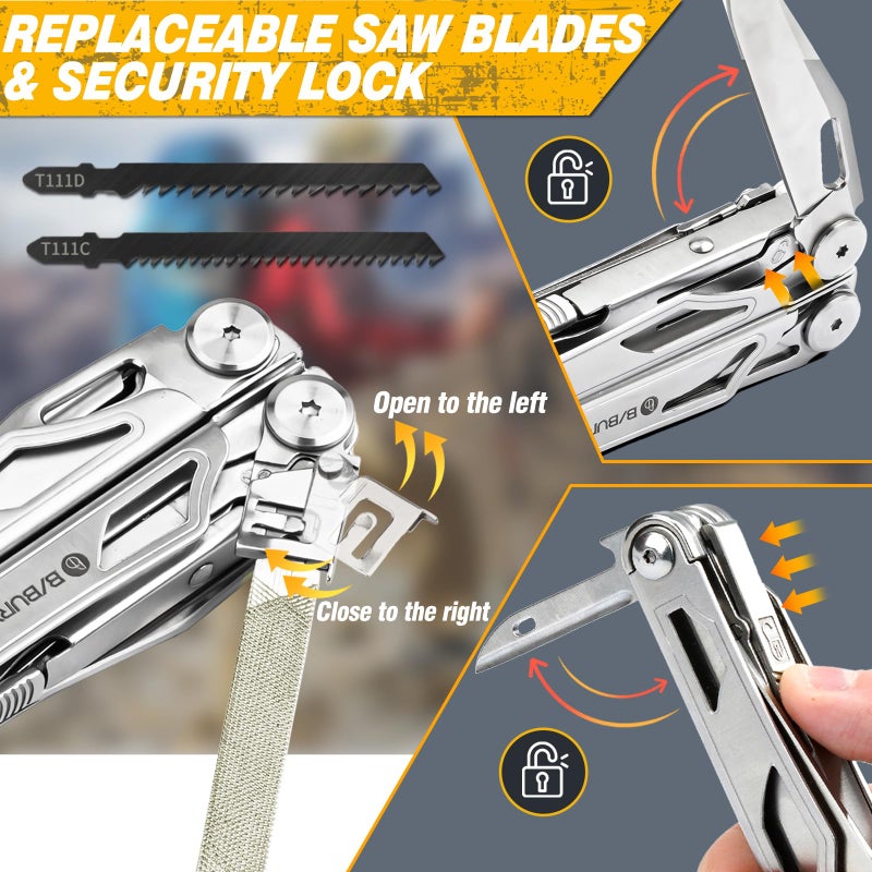 BIBURY BIBURY Multitool Pliers, Stainless Steel Multi Tool Pliers with Replaceable Wire Cutters and Saw, Foldable Multitools with Scissors and Screwdriver, Ideal for Camping, Hiking, Survival, Repair  - Image 4