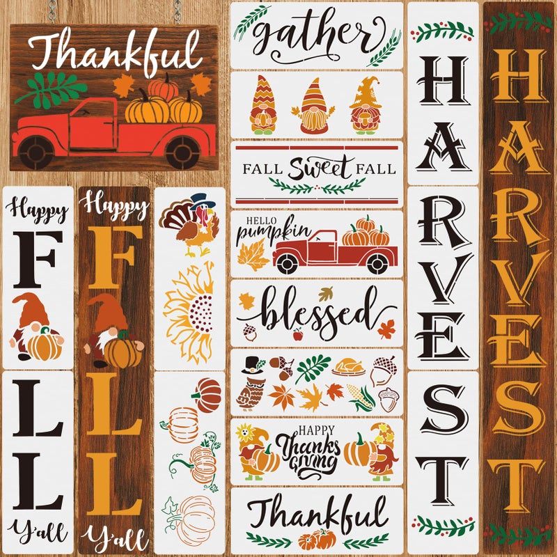 BORAMDO Fall Thanksgiving Stencils for Painting on Wood 15PCS Reusable Harvest Holiday Porch Sign Stencils Drawing Template for DIY Craft Including GatherThankfulPumpkinGnomeLeaf