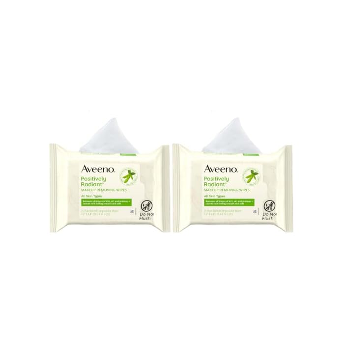 Aveeno Positively Radiant Makeup Remover Wipes, Gentle Individual Face Wipes with Moisture-rich Soy Extract to help leave your skin looking bright, Hypoallergenic Formula, Non-Comedogenic (Pack of 50)