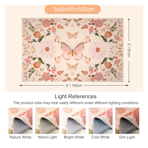 MOSISO 3x5 Area Rug for Living Room Soft NonSlip Indoor Floor Low Pile Carpet Faux Wool Rectangular Large Butterfly Flowers Washable Area Rugs for Home Bedside Bedroom Dining Room Apricot - Image 3