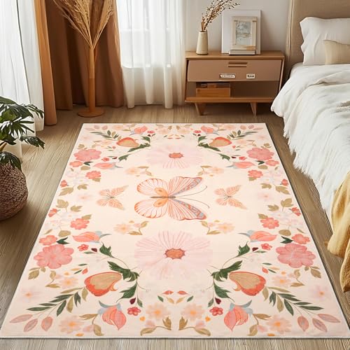 MOSISO 3x5 Area Rug for Living Room Soft NonSlip Indoor Floor Low Pile Carpet Faux Wool Rectangular Large Butterfly Flowers Washable Area Rugs for Home Bedside Bedroom Dining Room Apricot - Image 1