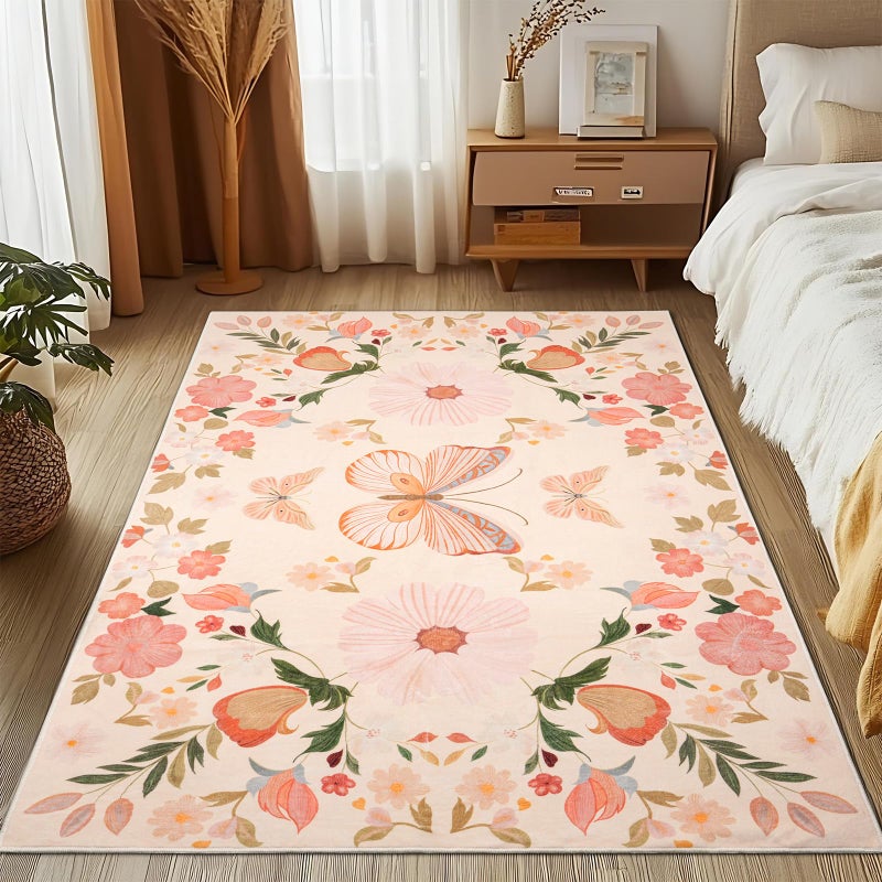 MOSISO 3x5 Area Rug for Living Room Soft NonSlip Indoor Floor Low Pile Carpet Faux Wool Rectangular Large Butterfly Flowers Washable Area Rugs for Home Bedside Bedroom Dining Room Apricot - Image 2