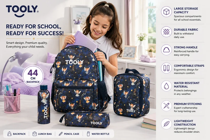 TOOLY 4-Piece School Backpack Set – 44cm Backpack with Insulated Lunch Bag, Pencil Case & 500ml Water Bottle | Lightweight, Water-Resistant School Bag for Girls