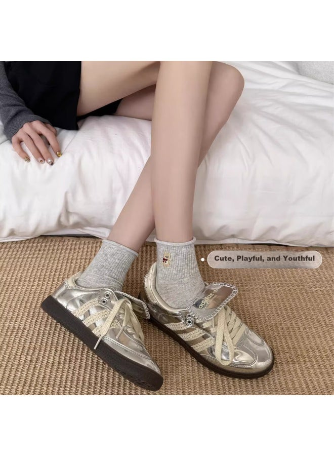 MIIOW 5 Double-needle Embroidered Socks, Women's Short Socks, Spring And Summer Cartoon Pure Cotton Gray Mid-calf Socks, Trendy Style Student Sports Socks - Image 3