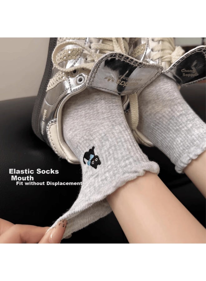 MIIOW 5 Double-needle Embroidered Socks, Women's Short Socks, Spring And Summer Cartoon Pure Cotton Gray Mid-calf Socks, Trendy Style Student Sports Socks - Image 2