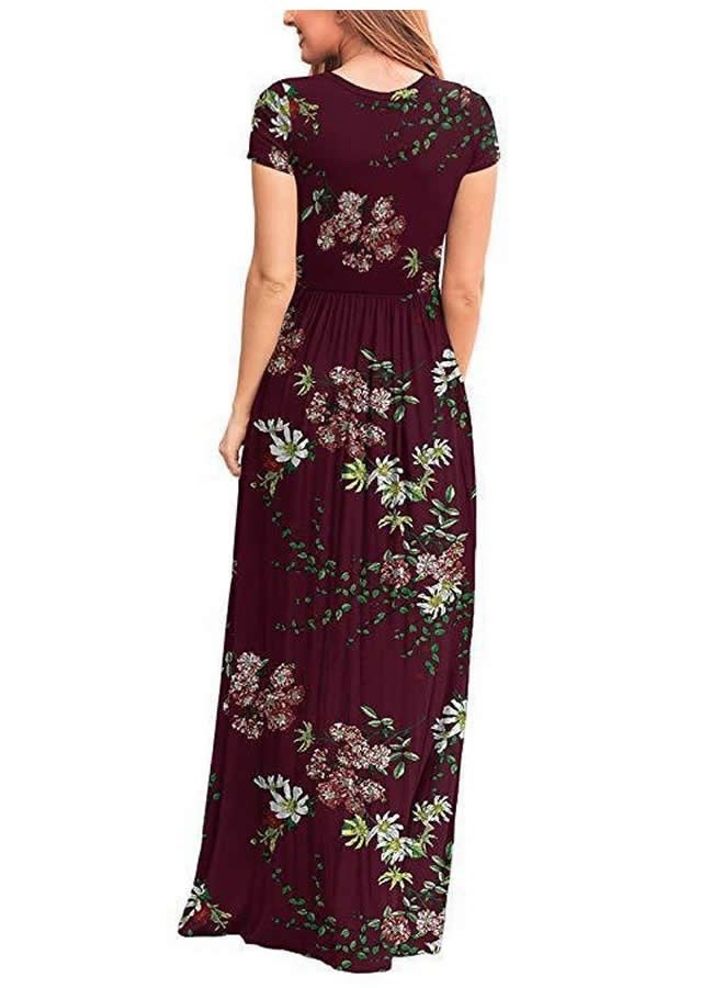 NIBEMINENT Women's Summer Short Sleeve Loose Maxi Dresses Round Neck Print Long with Pockets Wine Red  - Image 4