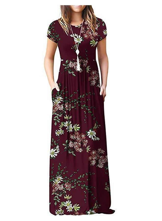 NIBEMINENT Women's Summer Short Sleeve Loose Maxi Dresses Round Neck Print Long with Pockets Wine Red  - Image 1