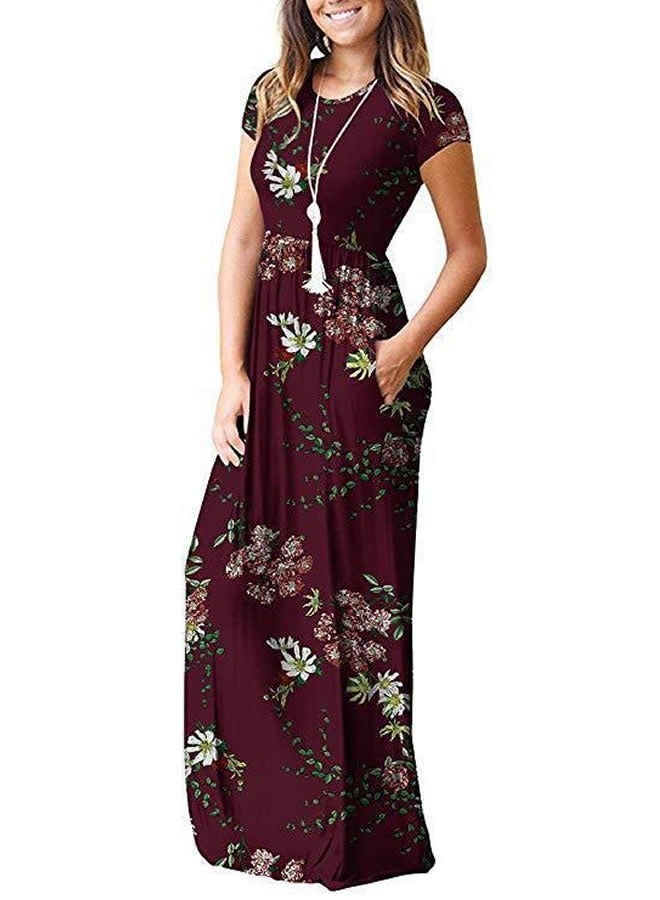 NIBEMINENT Women's Summer Short Sleeve Loose Maxi Dresses Round Neck Print Long with Pockets Wine Red  - Image 3