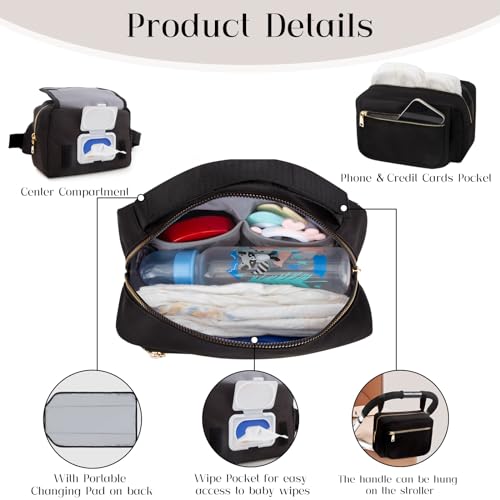printe Small Diaper Bag with Portable Changing Pad, Crossbody Fanny Pack with Wipes Pocket for Stroller, Women Waist Bag for Travel, Black Large - Image 3