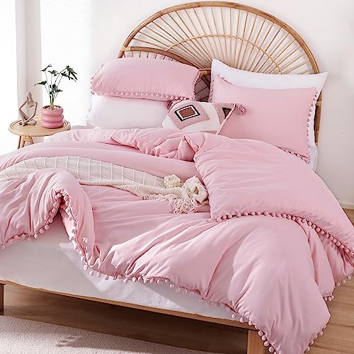 YIRDDEO Queen Comforter Set - Comforter Queen Size Sets with Ball Pom Fringe, Soft Bedding Set for All Seasons - 3 Pieces, 1 Comforter (90"x90") & 2 Pillow Shams (20"x26"), Dust Pink - Image 1