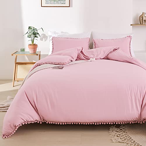 YIRDDEO Queen Comforter Set - Comforter Queen Size Sets with Ball Pom Fringe, Soft Bedding Set for All Seasons - 3 Pieces, 1 Comforter (90"x90") & 2 Pillow Shams (20"x26"), Dust Pink - Image 3