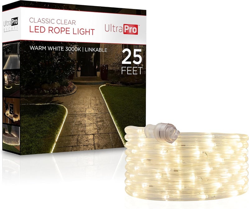 UltraPro أضواء حبل LED، 25 قدم حبل شفاف كلاسيكي، ضوء أبيض دافئ 3000K، داخلي/خارجي، مرن، قابل للتوصيل، متين، أضواء حبل خارجية، 54504 - Image 1