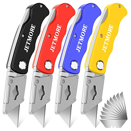 JETMORE 4 Pack Folding Utility Knife with Extra 10Pcs Blades, Box Cutters for Home, Office, Warehouse, Durable Razor Knife, Box Knife, Box Opener, Small Box Cutter with Clip, Navajas de Trabajo - Image 1