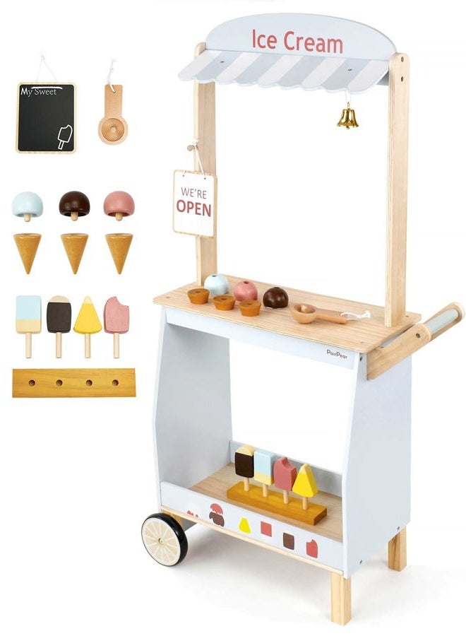 PairPear Wooden Ice Cream Cart for Kids – Toddler Pretend Play Grocery Store Ice Cream Truck Playset Kids Dessert Truck Play Food Kitchen Toys Gift for Boys and Girls 3 Years and up - Image 1