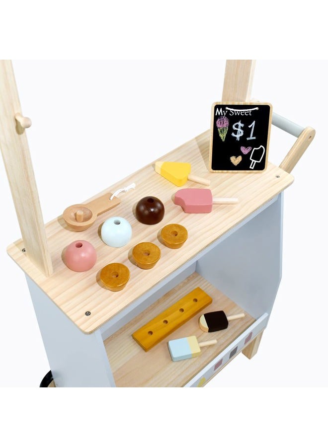 PairPear Wooden Ice Cream Cart for Kids – Toddler Pretend Play Grocery Store Ice Cream Truck Playset Kids Dessert Truck Play Food Kitchen Toys Gift for Boys and Girls 3 Years and up - Image 2