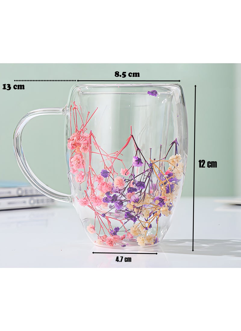 BestStore - Double Walled Glass Hot and Cold Coffee Mug with Handle and Dried Flower Heat-Isolated 300ml Capacity Tea Cup Summer Winter Drinkware Birthday Gifts for Wife and Mother - Image 1