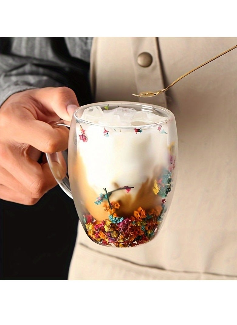 BestStore - Double Walled Glass Hot and Cold Coffee Mug with Handle and Dried Flower Heat-Isolated 300ml Capacity Tea Cup Summer Winter Drinkware Birthday Gifts for Wife and Mother - Image 1