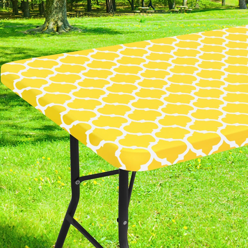 Smiry Rectangle Picnic Table Cover Waterproof Elastic Fitted Camping Tablecloths for 6 Foot Tables Wipeable Flannel Backed Vinyl Tablecloth Protector for Indoor Outdoor Yellow 30x72 Inches
