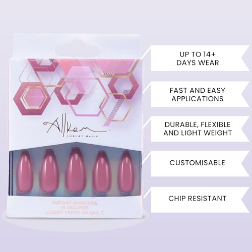 Allkem Mauve Press on Nails | Glossy Long coffin | 10 sizes - 20 pcs Ballerina Nail kit with Glue - Image 2