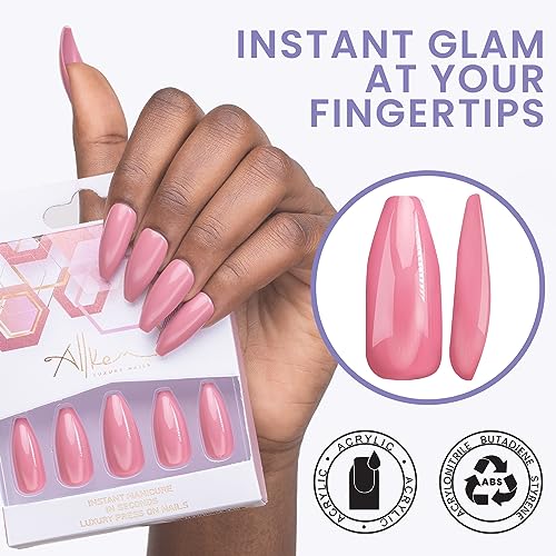Allkem Mauve Press on Nails | Glossy Long coffin | 10 sizes - 20 pcs Ballerina Nail kit with Glue - Image 4